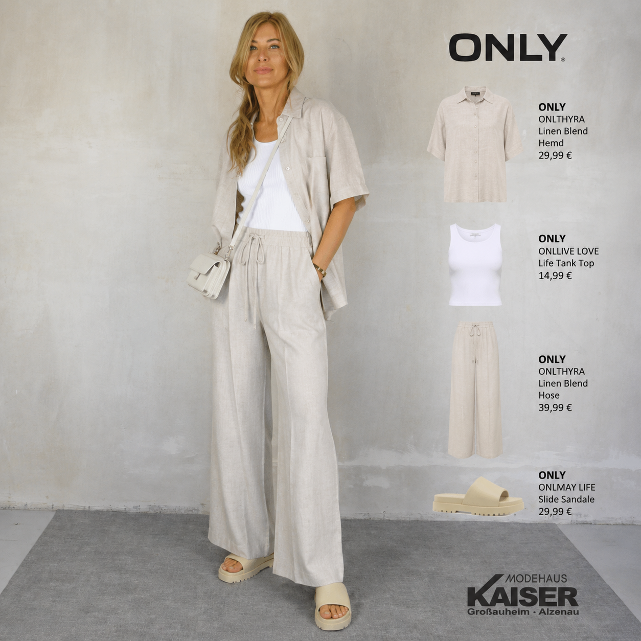 Damenlook mit hellem Leinenhemd, weißem Tanktop, heller Hose und Tasche