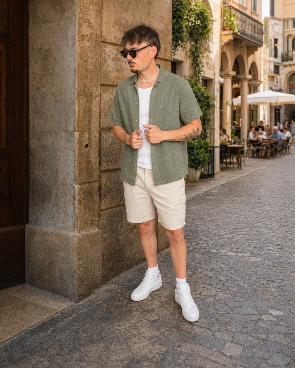 Herrenlook mit grünem Kurzarmhemd, weißem Shirt, heller Shorts und Sonnenbrille