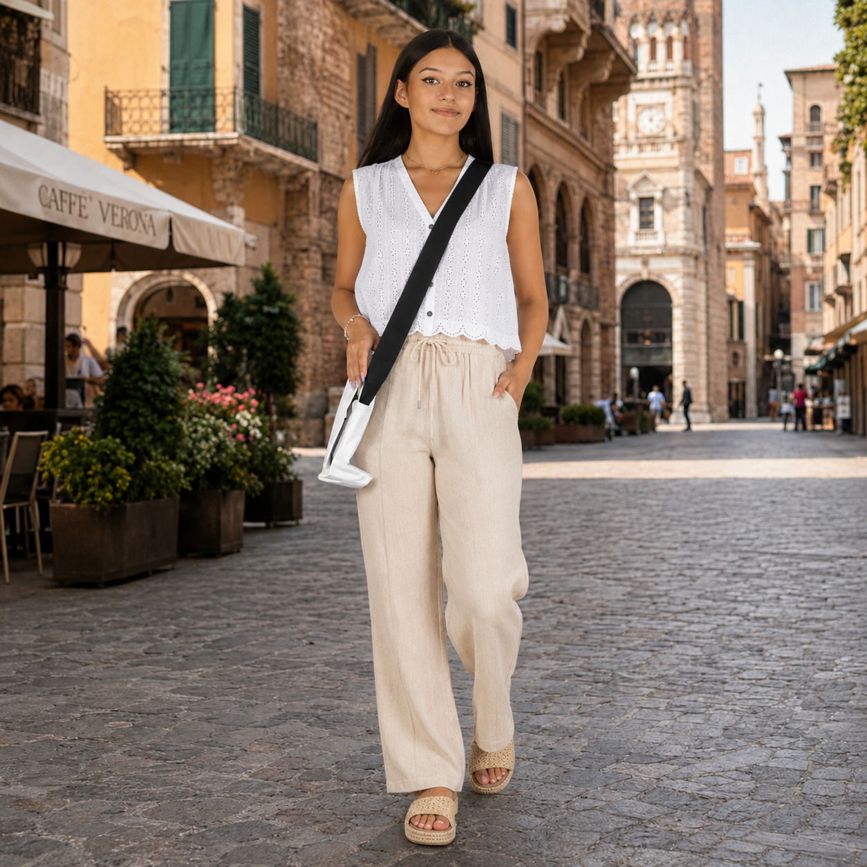 Sommerlicher Damenlook mit weißer Bluse, heller Hose und Tasche