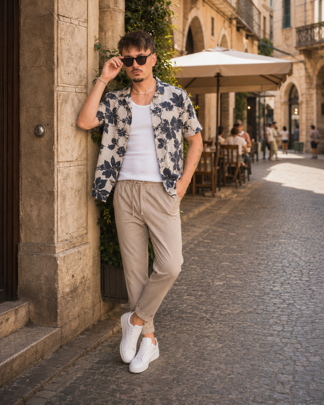 Herrenmode mit floralem Kurzarmhemd, weißem Shirt und heller Hose