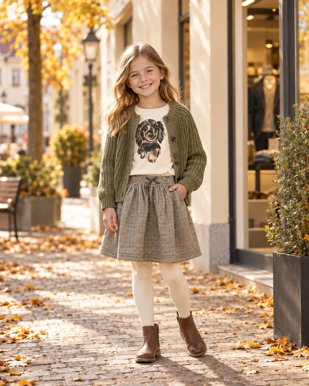 Die olivgrüne Strickjacke ergänzt Shirt und Karorock.